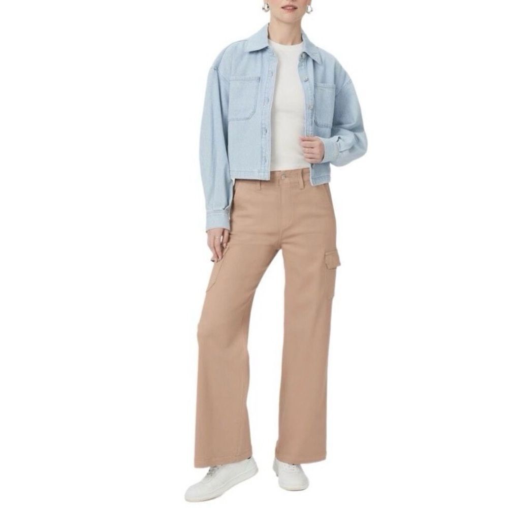 NWT PAIGE Carly Coated Wide Leg Cargo Pants French Latte Luxe Coating Size 24 - Picture 2 of 6